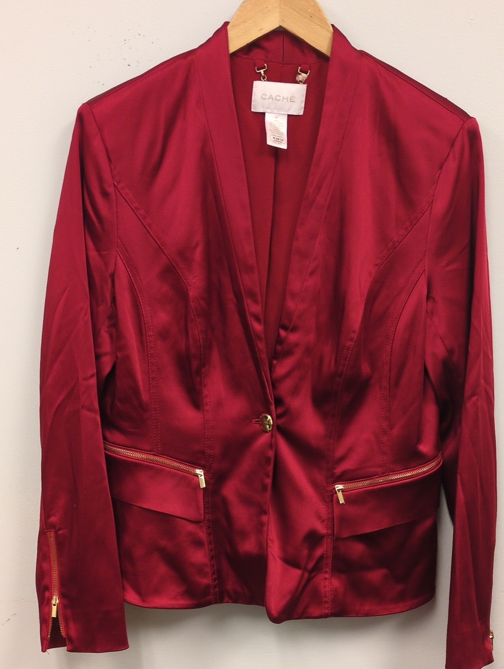 Cache Red Satin Single-Button Blazer with Zip Pockets